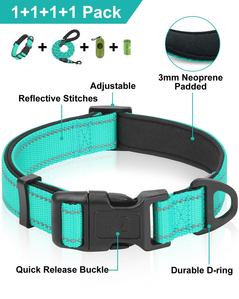 Dynmeow Reflective Dog Collar and Leash Set, 6FT Strong Climbing Rope Leash with Padded Handle, Adjustable Pet Collar with Soft Neoprene Padding for Medium Large Dogs, Teal, M Medium (Pack of 1) Teal, Climbing Rope
