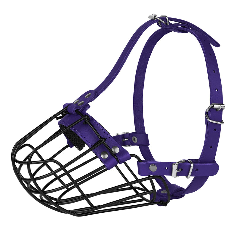 Pitbull Dog Muzzle Breathable Metal Basket for Large Dogs Amstaff Staffordshire Terrier Secure Wire Mask Adjustable Durable Leather Straps Biting Chewing Barking (Purple) Purple - PawsPlanet Australia