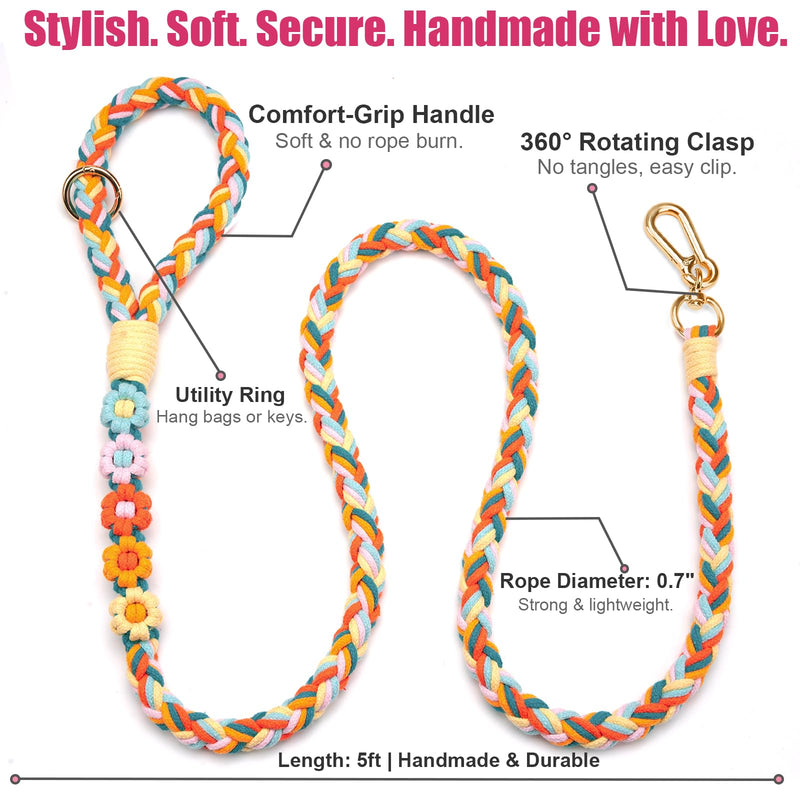 Handmade 5ft Braided Cotton Dog Leash with Unique Floral Handle, Durable and Stylish, Ideal for Small to Large Dogs,Rainbow Mix Fiesta Twist - PawsPlanet Australia