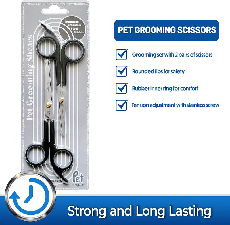 Pet Magasin Japanese Stainless Steel Grooming Scissors (2) for Facial Hair and Larger for Body Trimming with Round Tip (Black) Black - PawsPlanet Australia