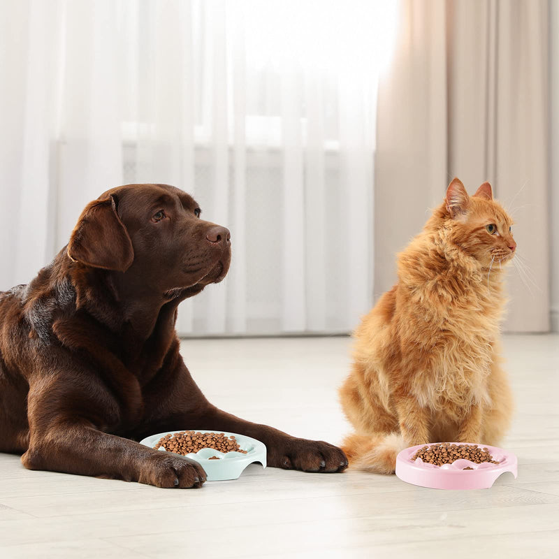 2 Pcs Cat Slow Feeder Bowl Pet Feeder Fish Pool Design Raised Dish Puzzle Healthy Eating Diet Fun Interactive Bloat Stop Feeding Bowls for Cats and Dogs Melamine Dishwasher Safe(Small,Pink, Green) Small Green,Pink