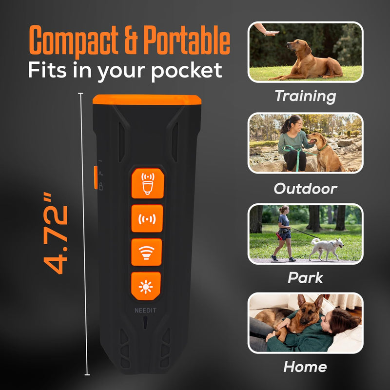 NEEDIT Dog Bark Deterrent Device to Stop Own or Neighbor’s Dog Barking, Biting & Fighting with Long Range – Rechargeable Ultrasonic Portable Anti Barking Device with 3X Sonic Emitters & Flash (Black) Black - PawsPlanet Australia