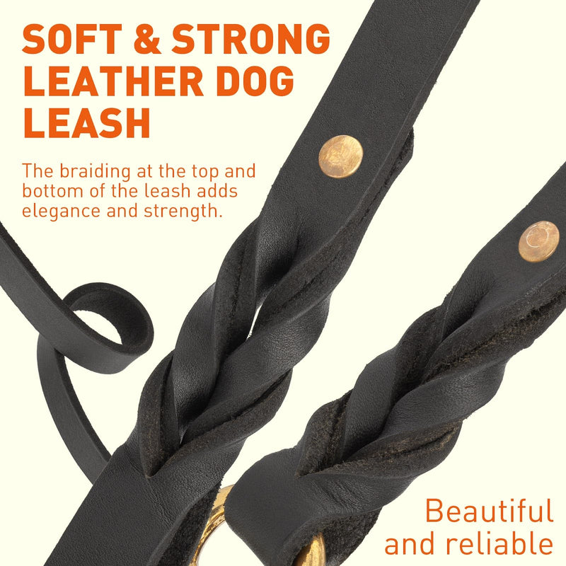 Viper Leather Dog Leash 4ft, Dog Training Leash with Brass Hardware, Leather Leash for Dogs Large Medium Small Breeds (W 1/2" - L 4 FT Black Brass) - PawsPlanet Australia