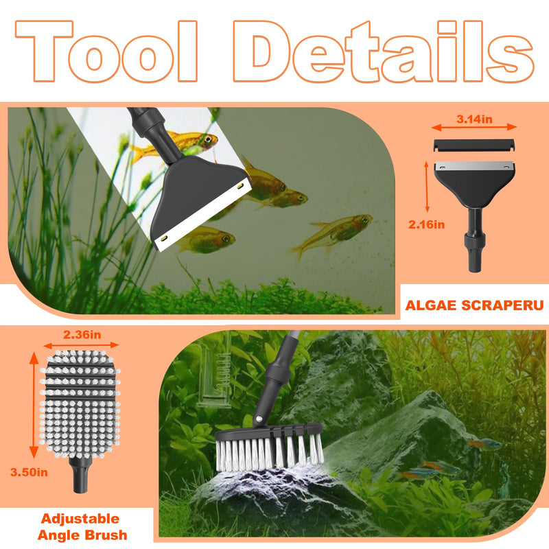 7-in-1 Aquarium Cleaning Tool, Fish Tank Cleaner with Telescopic Handle,Aquarium Scraper,Adjustable Angle Brush,Gravel Rake,Plant Fork,Adjustable Angle Flat Sponge,Large Fish Net,Hose Brush - PawsPlanet Australia