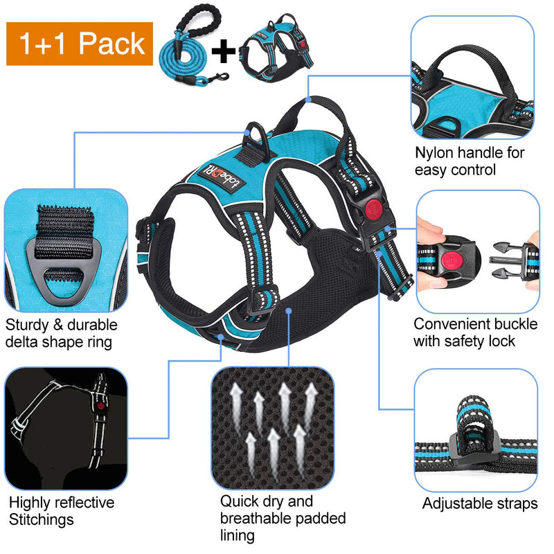No Pull Dog Harness Adjustable Reflective Oxford Easy Control Medium Large Dog Harness with A Free Heavy Duty 5ft Dog Leash (L (Neck: 18"-25.5", Chest: 24.5"-33"), Blue Harness+Leash) - PawsPlanet Australia