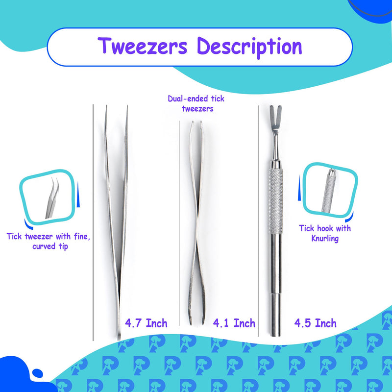 Tick Remover Kit - Stainless Steel Tick Removal for Humans and Pets - Tick Tweezers for Safe and Complete Removal of Big and Small Ticks for Cats and Dogs - Removal Kit with Storage Pouch - PawsPlanet Australia