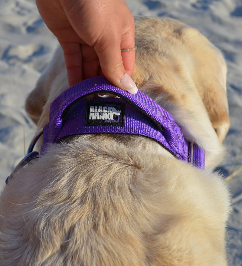 Black Rhino - Tactical Dog Collar Ultra-Soft Neoprene Padded Dog Collars for Medium, Large, XL Dogs | Heavy Duty Metal Buckle | Padded Handle for Dog Training (XL, Purple) - PawsPlanet Australia