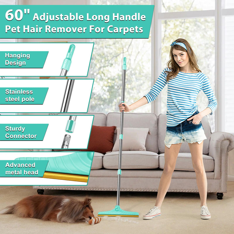 5FT Carpet Rake Pet Hair Remover, Reusable Carpet Rake with Telescopic Handle for Pet Hair Removal Tool Dog Cat Fur Remover Broom for Rugs, Mats, Beds, Stairs (Blue) Blue