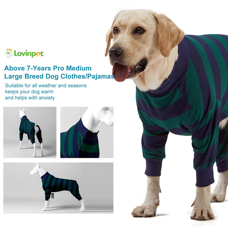 LovinPet Large Dog Pajamas Bodysuit, Lightweight Stretchy Knit Pullover Dog Onesie, Pet Pajamas for Dogs, Green and Black Stripe Print Dog Shirt, UV Protection, Stop Shedding for Dogs, Pet PJ's, 2XL XX-Large Green/Blue - PawsPlanet Australia