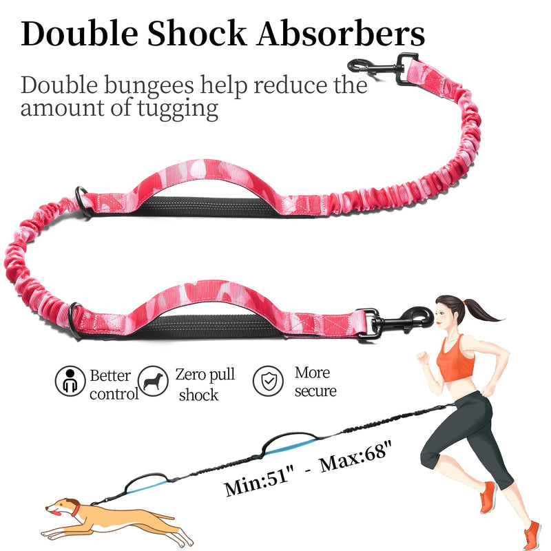 iYoShop Hands Free Dog Leash with Zipper Pouch, Dual Padded Handles and Durable Bungee for Walking, Jogging and Running Your Dog (camo Pink, Large) camo pink - PawsPlanet Australia