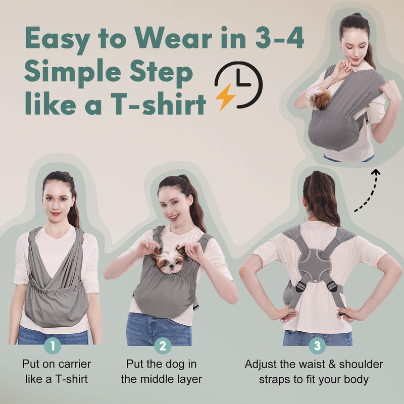 Supet Dog Sling Carrier for Small Pets, Hands Free Front Cat Sling, Reducing Back Neck Pain Anti-Anxiety, Adjustable Soft Carrying Plus Grey - PawsPlanet Australia