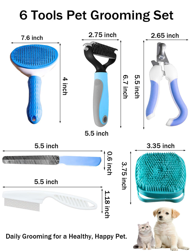 6ps Dog Cat Brush Grooming Kitf, Dog Cat Brushes, Bath Brush, Dematting Rake and Comb, Nail Clipper, Nail File, Flea Comb (Blue 6 Kits) Blue 6 Kits - PawsPlanet Australia