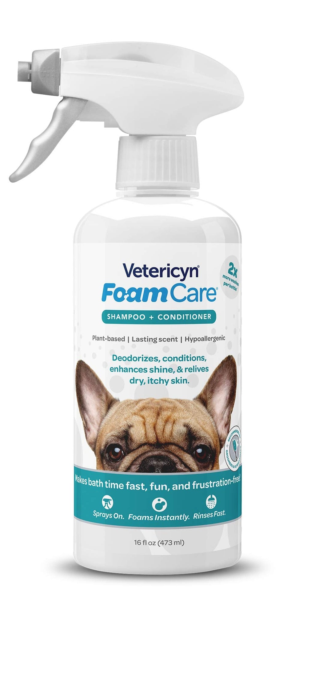 Vetericyn FoamCare Pet Shampoo Plus Conditioner, Spray-on Shampoo for Dogs and Cats, Foams Instantly and Rinses Easier, Natural Ingredient Shampoo, 16-ounce Shampoo + Conditioner