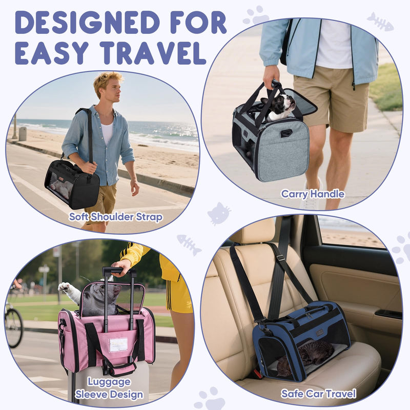 BALEINE Cat Carrier, Puppy Dog Carrier for Small Medium Pets Up to 15 Lbs, Soft-Sided Dog Travel Bag with Safety Zippers, Collapsible Pet Carrying Case (Gray, L, 17"x11"x11") Grey - PawsPlanet Australia
