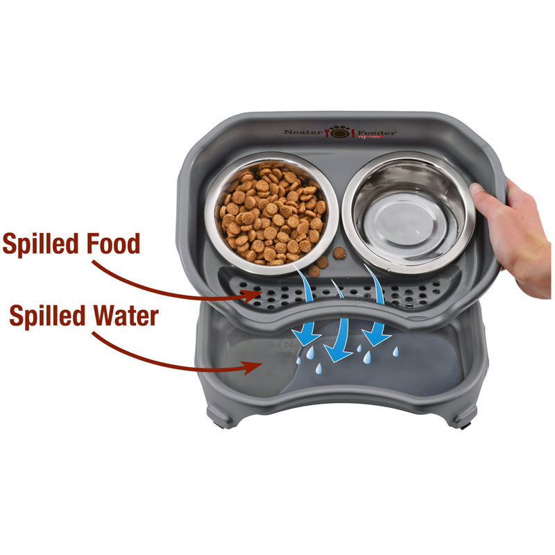 Neater Feeder Express Mess Proof Cat Bowls Elevated, No Spill Feeding Station, Stainless Steel Dishes for Food and Water, Raised Bowls for Indoor Cats, No Fatigue Whisker Friendly Dish, Grey Cat w/ Standard Bowls Gunmetal Grey