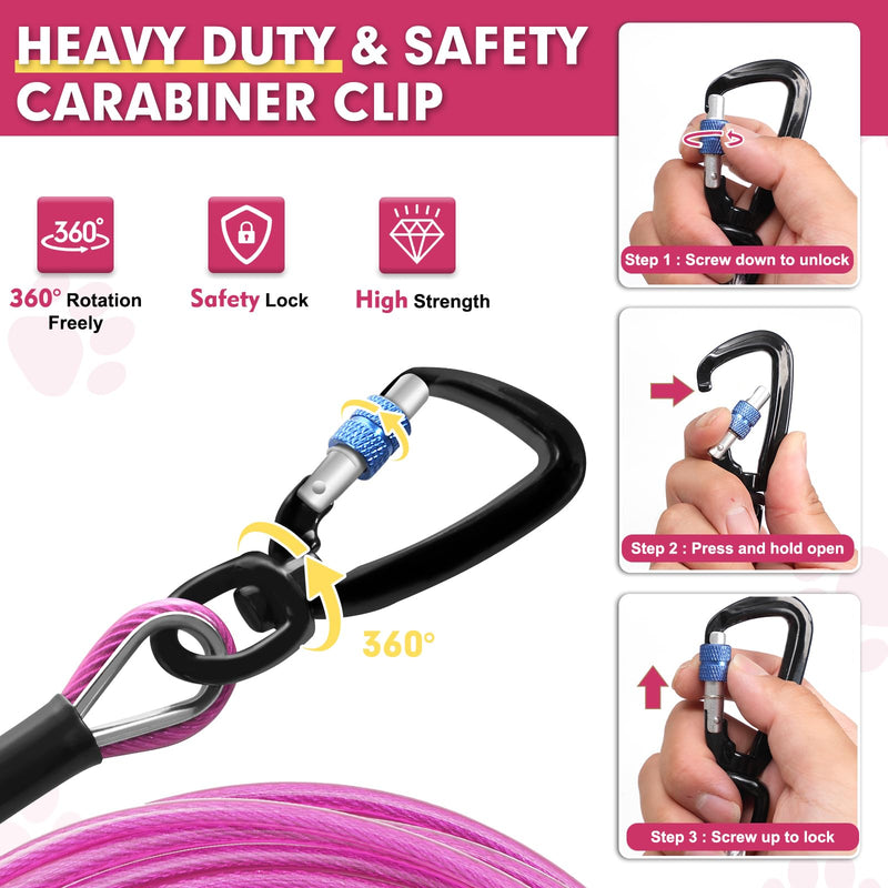 Snagle Paw Dog Lead Cable 20FT,Heavy Duty Outside Dog Leash Cable with Shock Absorbing Spring & Swivel Hook,Dog Tether for Yard,Dog Line for Small Large Dogs,Withstand 1000LBS Break Strength Pink Mauve - PawsPlanet Australia