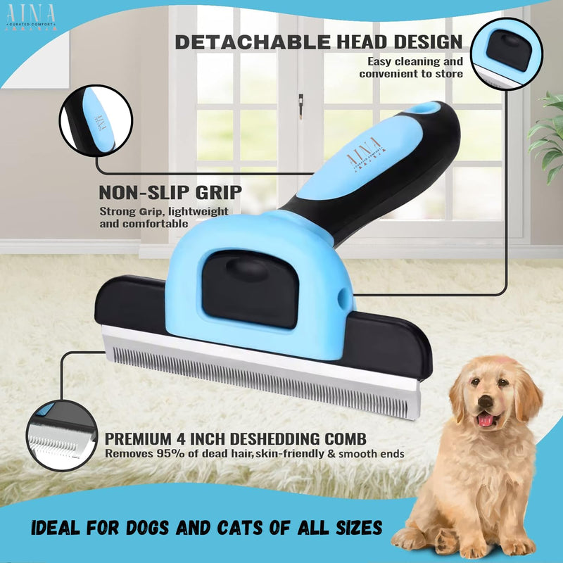 AINA Pet Grooming Comb for Dogs & Cats - Comfortable, Effective, Deshedding, Dematting Pet Combing Tool | Reduces Shedding, Easy to Clean Stainless Steel Head, Smooth Ends & Non-Slip Grip | Blue-Large Large - PawsPlanet Australia