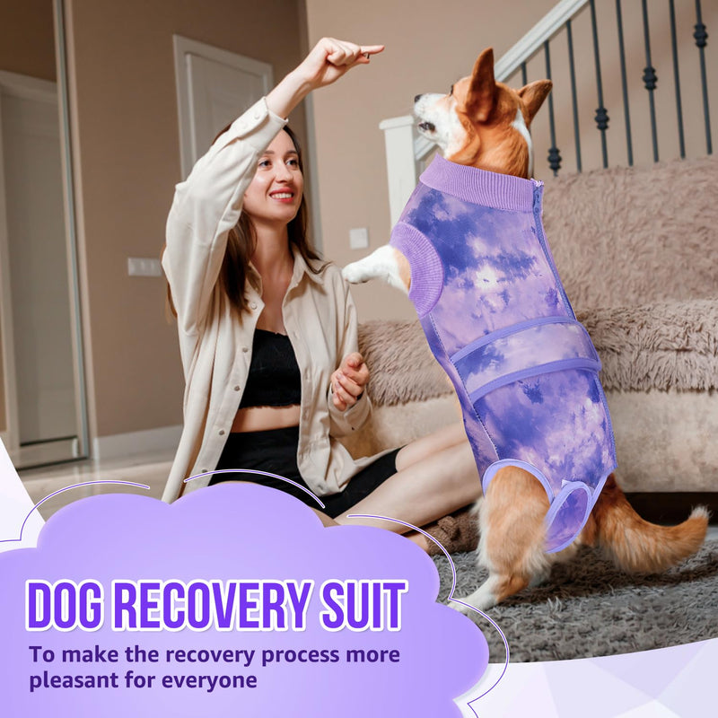 Lukovee Recovery Suit for Dogs, Zipper On Recovery Suit for Female Male Dog, Onesie Abdominal Wounds Cone E-Collar Alternative Prevent Licking Spay Recovery Suit (Medium, Purple Tie-dye) Medium