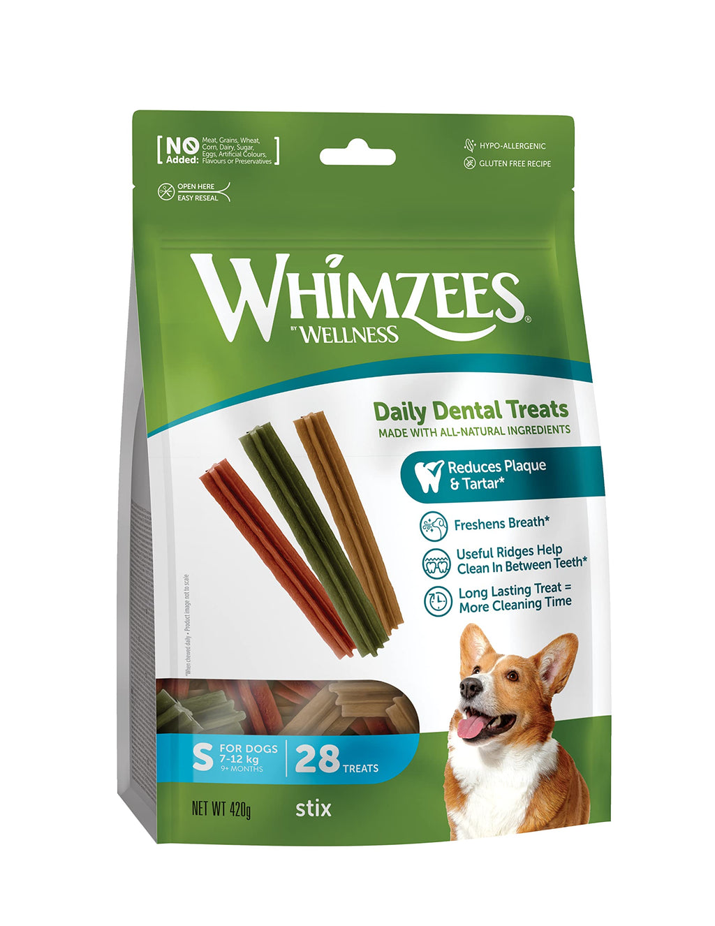 WHIMZEES By Wellness Stix, Natural and Grain-Free Dog Chews, Dog Dental Sticks for Small Breeds, 28 Pieces, Size S Small Breed (7-12kg) Value Bag - 28 pieces