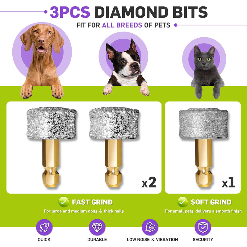 Dog Nail Grinder & Clipper 2-in-1 Set - 25dB Ultra Quiet with 3 Grinding Wheels & 2 LED Lights, Rechargeable for Large/Puppy Dogs & Cats, 3-Speed Adjustable for Anxious Pets Purple - PawsPlanet Australia