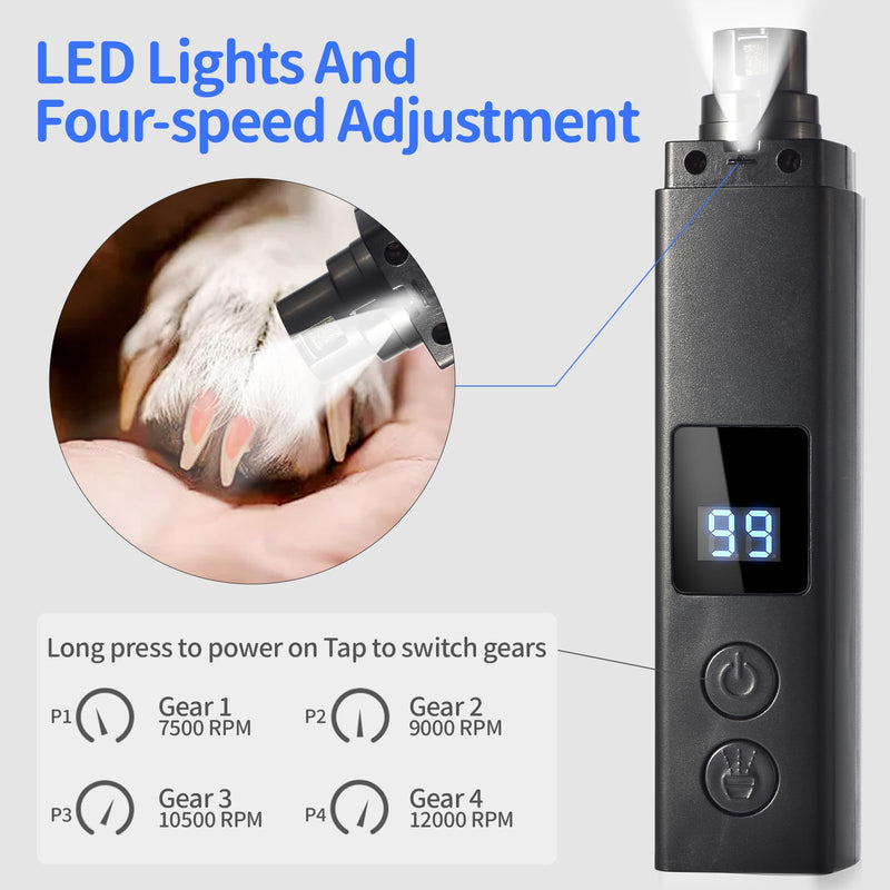 Professional 4-Speed Dog Nail Grinder, Electric Rechargeable Dog Nail Grinder with UV & Interactive Lights, Rechargeable Quiet Pet Nail Grinder, Nail Clippers for All Type Dogs Cat (Black) Black - PawsPlanet Australia