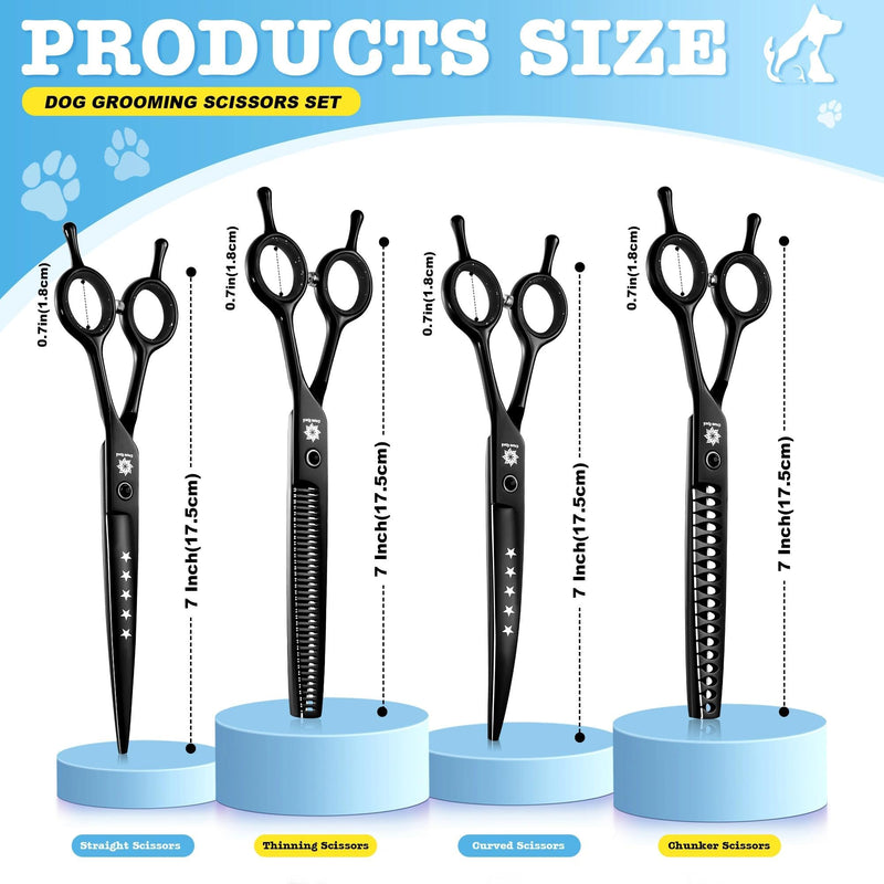 Dream Reach Dog Grooming Scissors - 7 Inch Professional 6 in 1 Pet Grooming Kit Sharp and Durable Shears Set Thinning, Chunker, Straight, Curved Shears and Comb for Dog Cat Pet, Black 7Inch-Set-Black - PawsPlanet Australia