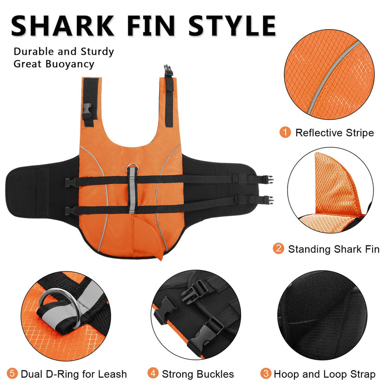 Ripstop Dog Life Jacket Shark Life Vest for Dogs, Safety Lifesaver with High Buoyancy and Lift Handle for Small and Medium Breeds（Orange S） Orange - PawsPlanet Australia