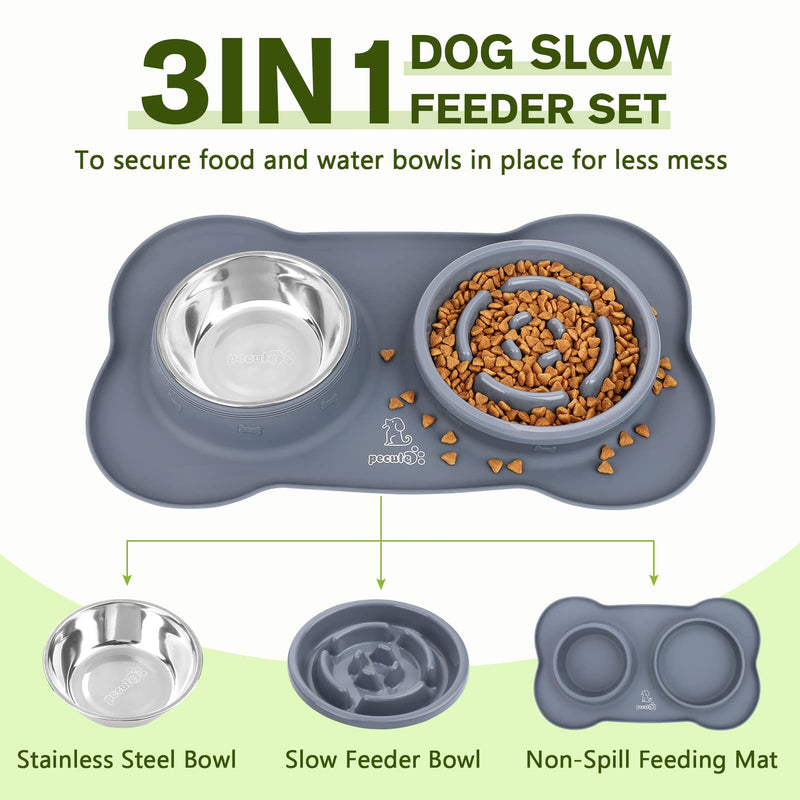 Pecute Slow Feeder Dog Bowls to Slow Down Eating, Dog Bowl Slow Feeder with No-Spill Non-Skid Silicone Mat, Food-Grade Safe Dog Food Bowls Slow Feeder, Stainless Steel Dog Water Bowl for Dogs Cats Medium-1¾ Cup/13.5 oz each Grey - PawsPlanet Australia
