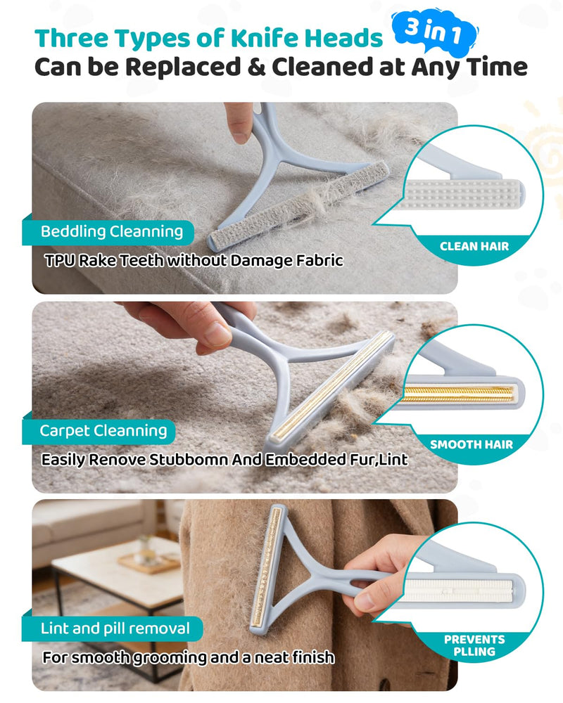 Carpet Rake for Pet Hair Removal, Reusable Pet Hair Remover Tool with 54 Inch Adjustable Long Handle, 3 Piece Carpet Scraper Set with Pet Bath Brush for Rugs, Couch, Furniture and Stairs Dark grey