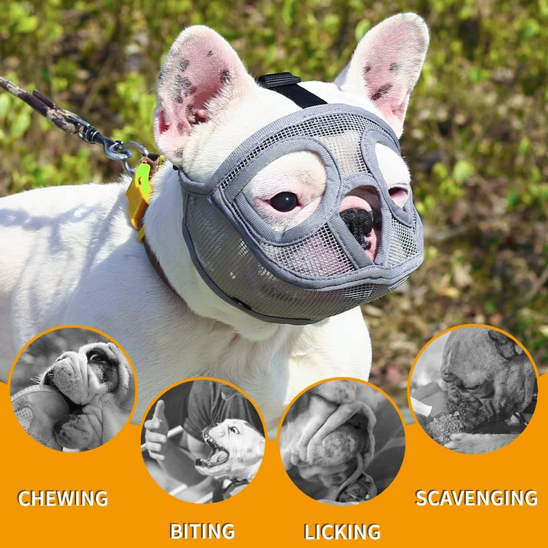 Soft Silicone Flat Faced Muzzle Size S and Grey Bulldog Muzzle Size XXS Set for Prevent Biting Chewing Licking