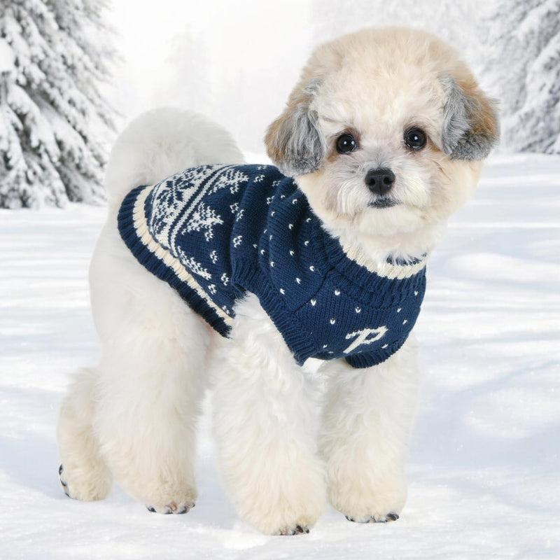Puppia Nevis Winter Turtleneck Knit Shirts Snow Forest Pattern for Small and Medium Dogs, Navy, Large - PawsPlanet Australia