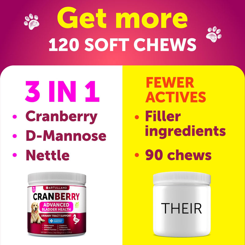 Dog UTI Treatment - Cranberry Supplement for Dogs - Bladder Control for Dogs - Dog Urinary Tract Infection Treatment - UTI Medicine for Dogs - Dog Cranberry Supplement - Kidney Support - 120 Chews