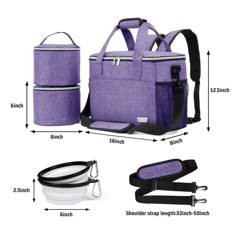 BAGLHER Dog Travel Bag Backpack Pet Supplies Backpack 5-Piece Set with Shoulder Strap 2 Lined Pet Food Containers 4 Foldable Feeding Bowls Essential Kit for Pet Travel Purple Medium - PawsPlanet Australia
