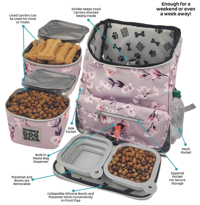 Mobile Dog Gear Week Away Dog Travel Bag Backpack (13"x7"x16", Floral) - Includes 2 Pet Food Storage Containers + 2 Collapsible Dog Water Bowls - Airline Approved Travel Accessories, Great for Trips Floral Print - PawsPlanet Australia