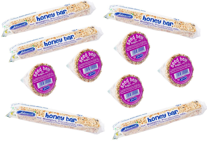 10 PACK JOHNSONS BUDGIE HONEY BARS & SEED BELLS MIXED BIRD TREAT VARIETY PACK, 5 OF EACH - PawsPlanet Australia