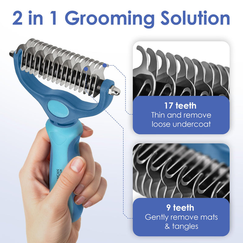 AKC-Dog & Cat Detangle Rake Style Brush | Durable & Effective | Anti- Slip & Easy Maintenance | Portable & Easy to Use | Stainless Steel Blades & Safety Guard | Detangling and Dematting Comb for Pets