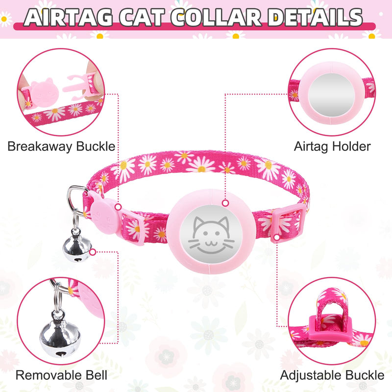 KOOLTAIL Breakaway Cat Collar with Air Tag Holder and Bells, Reflective Cute Kitten Collars, Adjustable Lightweight Safety Buckle Pet Collars for Kitty Boys Girls Cats Holiday, Flower Pink Daisy Rose Red - PawsPlanet Australia