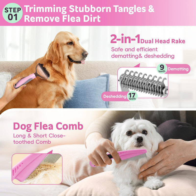 13Pcs Pet Grooming Kit - Dog Cat Deshedding Brush, Nail Clippers with File, Hair Remover Gloves & Bath Tools for Long/Short Haired Pets, Grooming Tool for Long and Short Haired Pets Pink 13pcs - PawsPlanet Australia