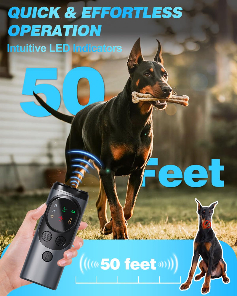 2026 Ultrasonic Dog Bark Deterrent Devices with 3 Emitters & SOS Flashlight, Humane Anti-Bark Trainer, 50FT Range, 90-Day Battery, Multi-Mode Rechargeable Dog Deterrent Black