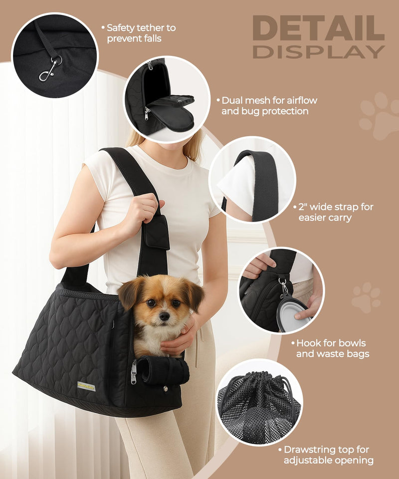 Dog Carrier Sling for Small Dogs, Front Cat Sling & Cats Up to 15 lbs, Dog Purse with Adjustable Strap Front Zipper Pocket, Double Safety Feature, Hands Free for Travel Black - PawsPlanet Australia