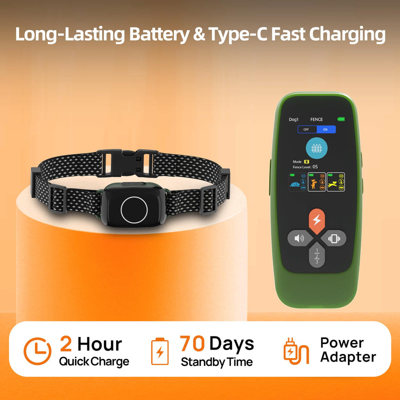 KITPLUS Wireless Dog Fence System, Electric Fence for Dogs, 4-in-1 Dog Training Collar with Remote, Bark Reminder, Status Monitor, IPX7 Waterproof Receiver for Medium Large Dogs Outdoor Use Green