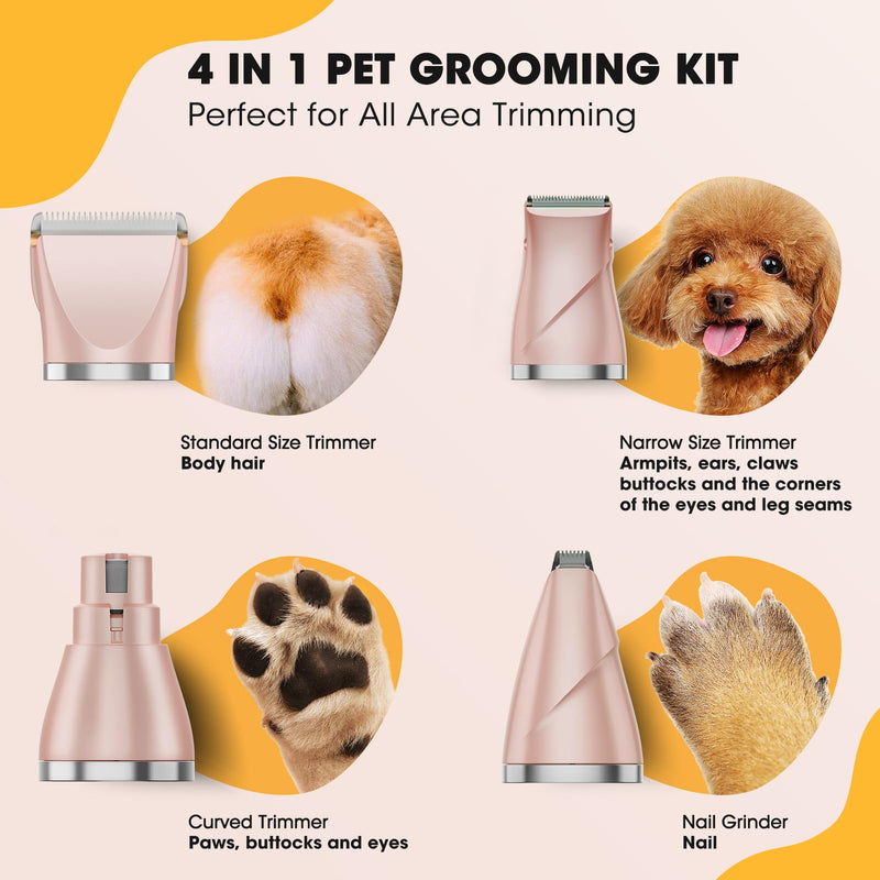 Upgrade Dog Grooming Kit, Cordless Dog Paw Trimmer, 4 in 1 Low Noise Pets Hair Clipper Grooming Kit, 2-Speed Nail Grinder with Stainless Steel Blade for Small Pet with Thick Coats (Pink) Pink - PawsPlanet Australia