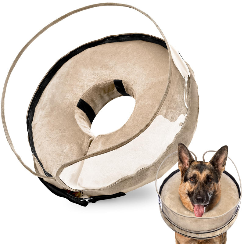 BARKLESS Dog Donut Collar, Inflatable Cone for Dogs to Stop Licking After Surgery, Protective Surgery Collar with Anti-Licking Shield, Soft Pillow Cone for Large Pets Tan L