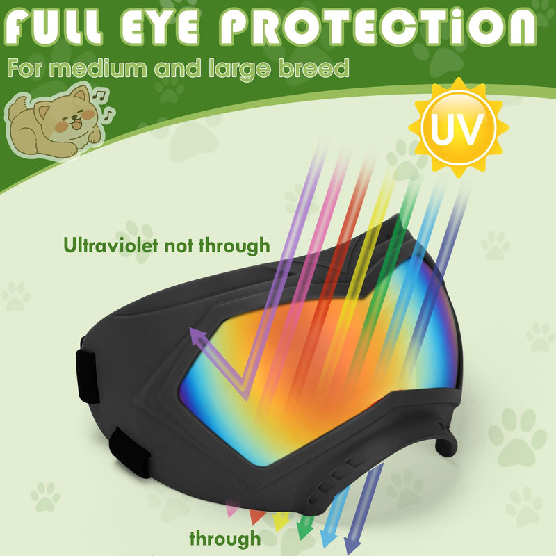 Dog Sunglasses, Dog Goggles for Large and Medium Breed with Adjustable Strap, UV Protection, Windproof, Waterproof, Dustproof and Snowproof, Dogs Eyes Protection, Wide Snout Rest, Soft Frame, Black A Black Frame+Color Lens - PawsPlanet Australia