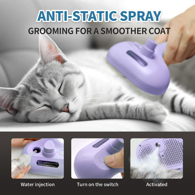 3 in 1 Steam Cat Brush for Shedding - Self-Cleaning Dog Grooming Tool for Long and Short Hair Pets - Removes Static, Flying Hair, and Loose Fur (Purple) Purple - PawsPlanet Australia