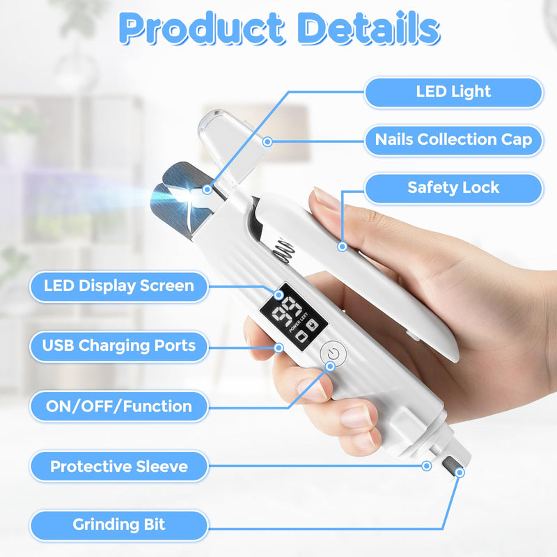 2-in-1 Led Cat Dog Nail Grinder - Rechargeable Pet Nail Trimmers with LED Light,300mAh Battery Quick USB Charge for Medium Small Dogs Cats Rabbits - PawsPlanet Australia