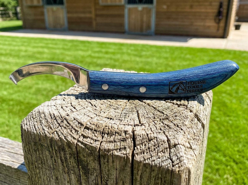 Curved Blade Hoof Knife, J2 420 Magnetic Stainless Steel, Right-Hand, Ergonomic Blue Handle, Professional Farrier Trimming Tool Right-Handed