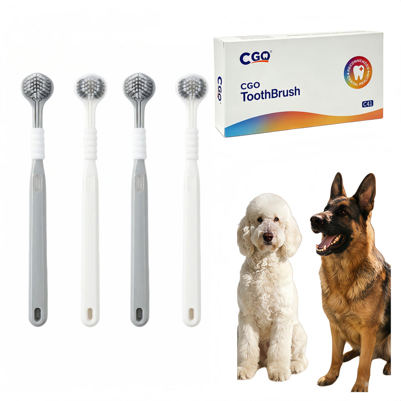 CGO Three-Sided Dog Toothbrush for Large Dogs – 4-Piece Three-Head Pet Toothbrush, Gentle Cleaning, Extra-Soft Bristles, Three-Sided Dog Teeth Cleaning Set, Comprehensive Oral Care (Gray-White)