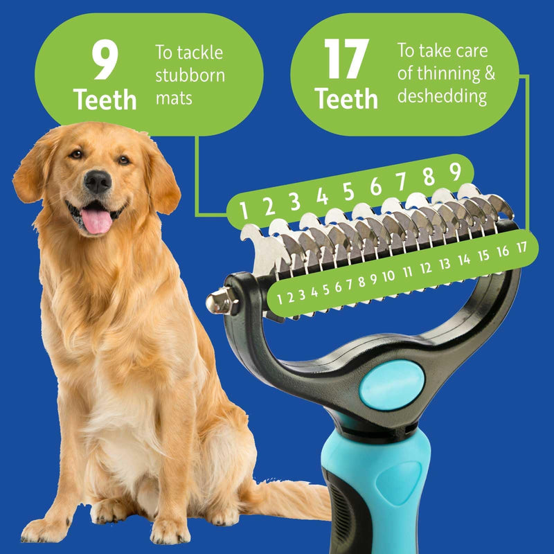 DakPets Pet Grooming Brush. Extra Wide, Double Sided Dematting Undercoat Rake for Dogs and Cats. Reduce Dog and Cat Shedding by 95%, Blue