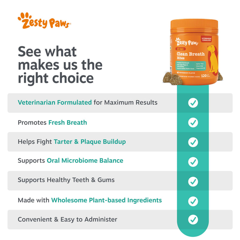 Zesty Paws Clean Breath Dental Chews for Dogs - Dog Breath Freshener + Fights Plaque & Tartar - Dental Chew with Peppermint Oil + Brown Kelp, Green Tea Extract - Teeth, Gum & Oral Health Support 120 Count (Pack of 1) - PawsPlanet Australia